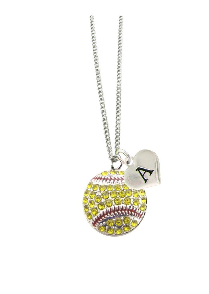 Custom Crystal Softball Silver Chain Necklace Choose Initial Charm