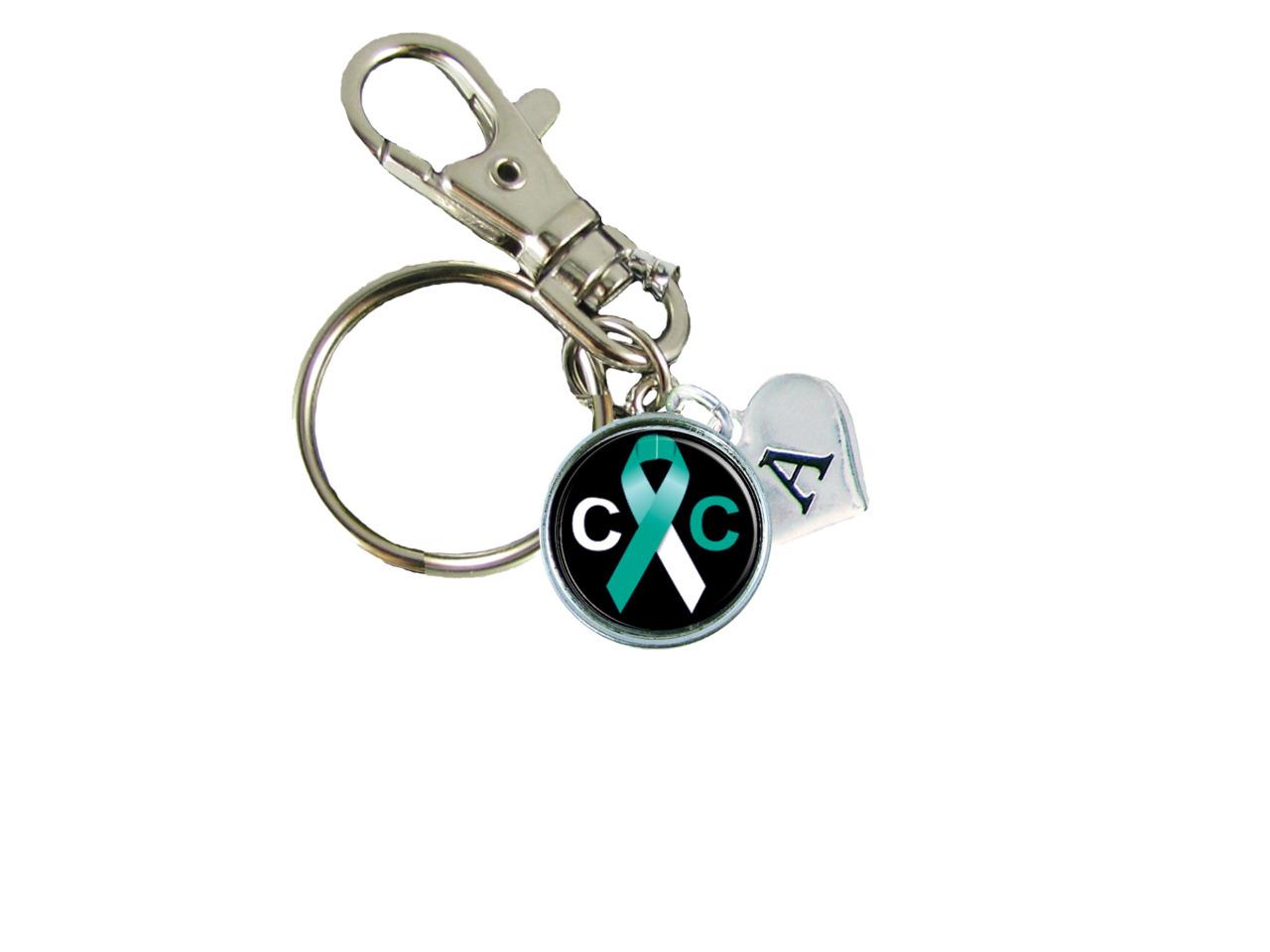 Custom Cervical Cancer Awareness Teal Ribbon Key Chain Initial Family Charm Gift