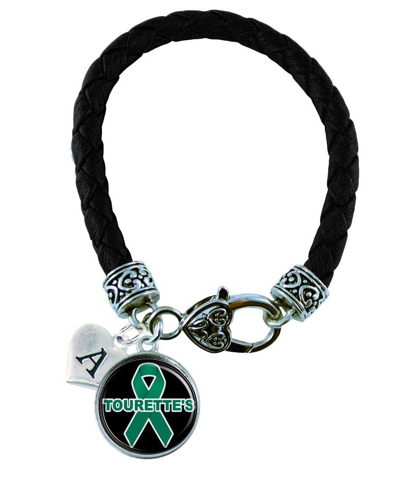 Custom Tourette s Syndrome Awareness Ribbon Black Leather Bracelet Jewelry Charm