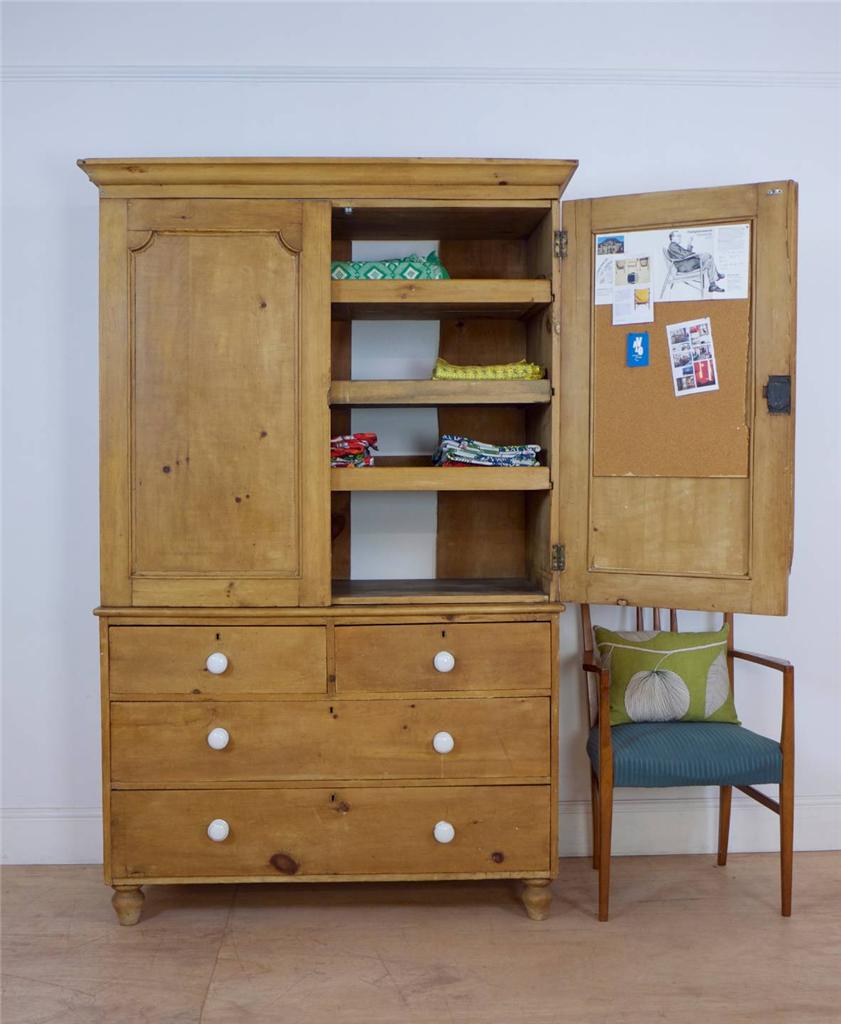 Large Victorian Antique Pine Housekeepers Cupboard + Drawers / Linen Press