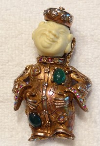 Vtg HAR Laughing Standing Chinaman Buddha Brooch Jade Glass EXCELLENT