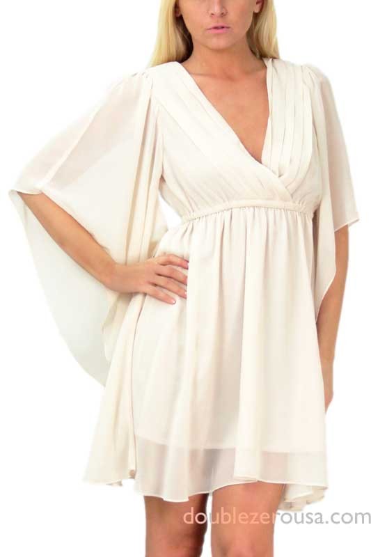 Women Chiffon Dress Angel Wing Sleeve Dress with Pleated front Fall