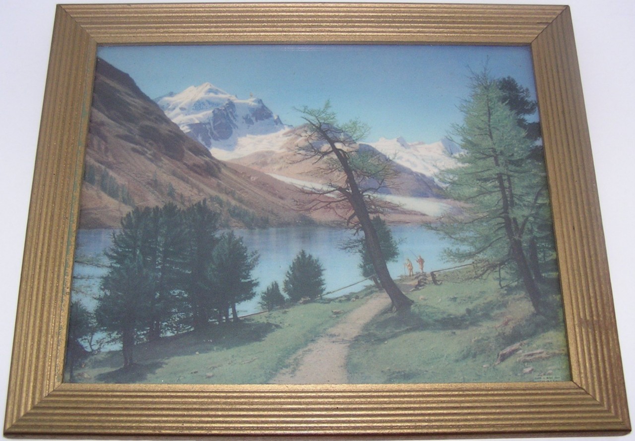 Copr C Moss 1947 Litho Fishermen at Mountain Lake 8x10