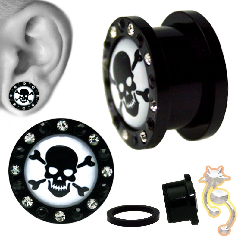 Skull Bones Clear CZ Gothic Plugs Black White Gauge Body Jewelry Tunnel