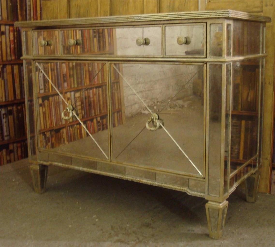 Art Deco Style Mirrored Glass Sideboard with Drawer / Cupboard