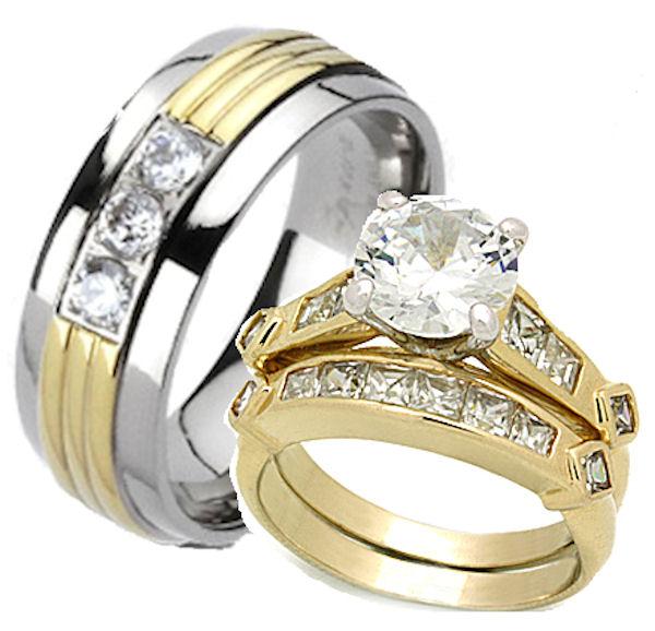 His Hers 3 Piece Wedding Ring Set Yellow Gold Overlay Titanium eBay