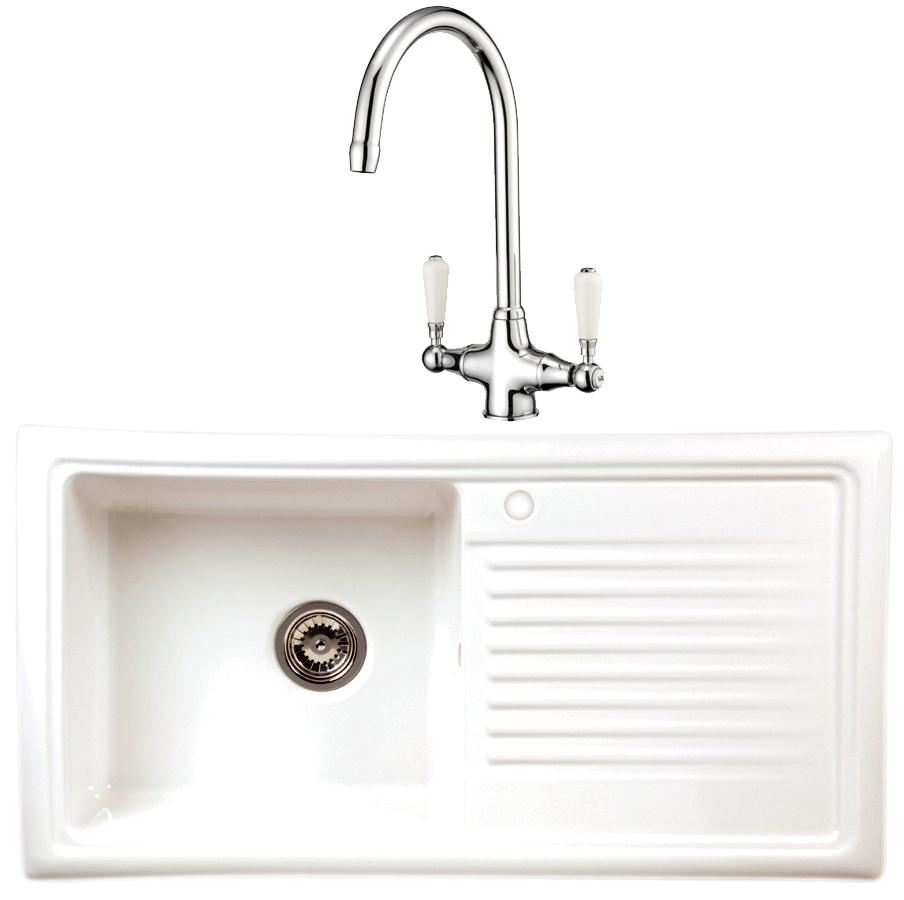 Reginox White Ceramic Kitchen Sink 1.0 Bowl And Chrome Tap Set (RL304CW