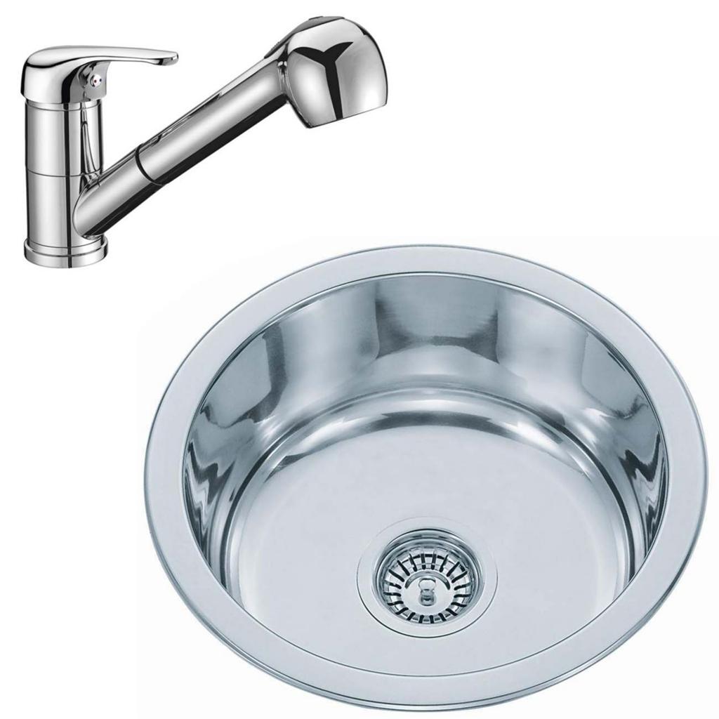 Round Bowl Stainless Steel Inset Kitchen Sinks & Pull Out Spout Tap ...