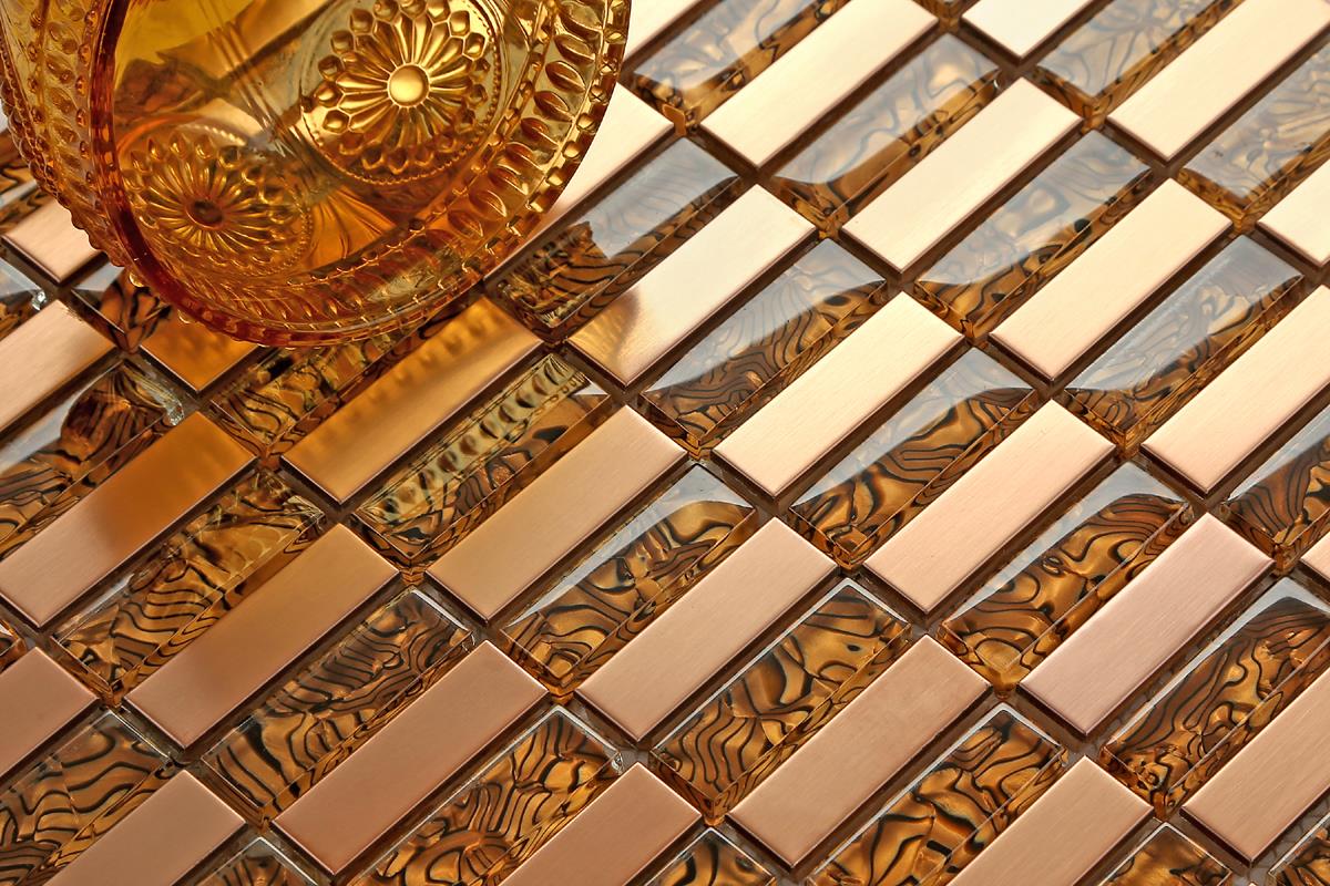 Copper Effect Brushed Steel Glass Mosaic Tiles Metallic Random Mix 0104