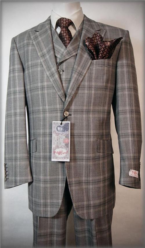 TIGLIO ROSSO ITALIAN 3 PCS SUIT52LWIDE LEG PANTGREY WINDOWPANE
