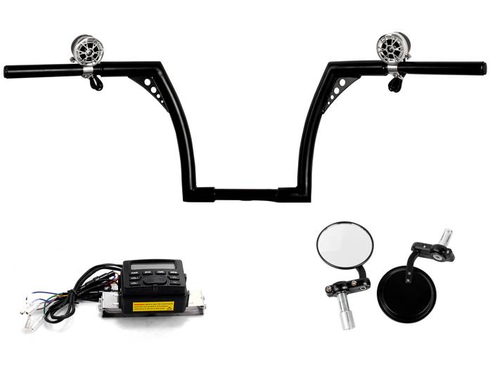 Black 1" Ape Hanger Z Bar Handlebars w/Bar End Mirrors Audio Speaker