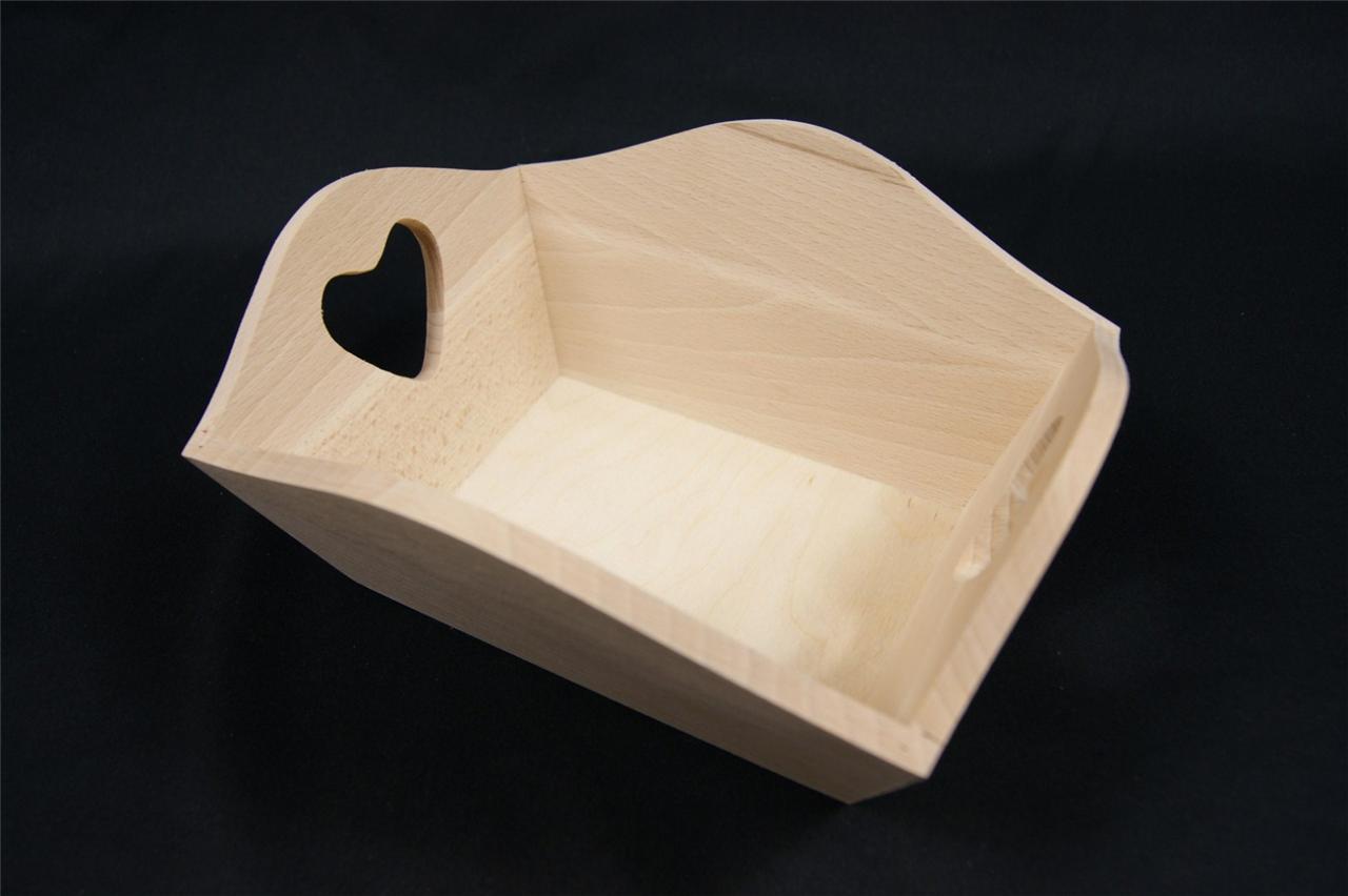 TSB WOODEN FRUIT TRAY WITH HEART HANDLES PLAIN WOOD DECOUPAGE JEWELLERY