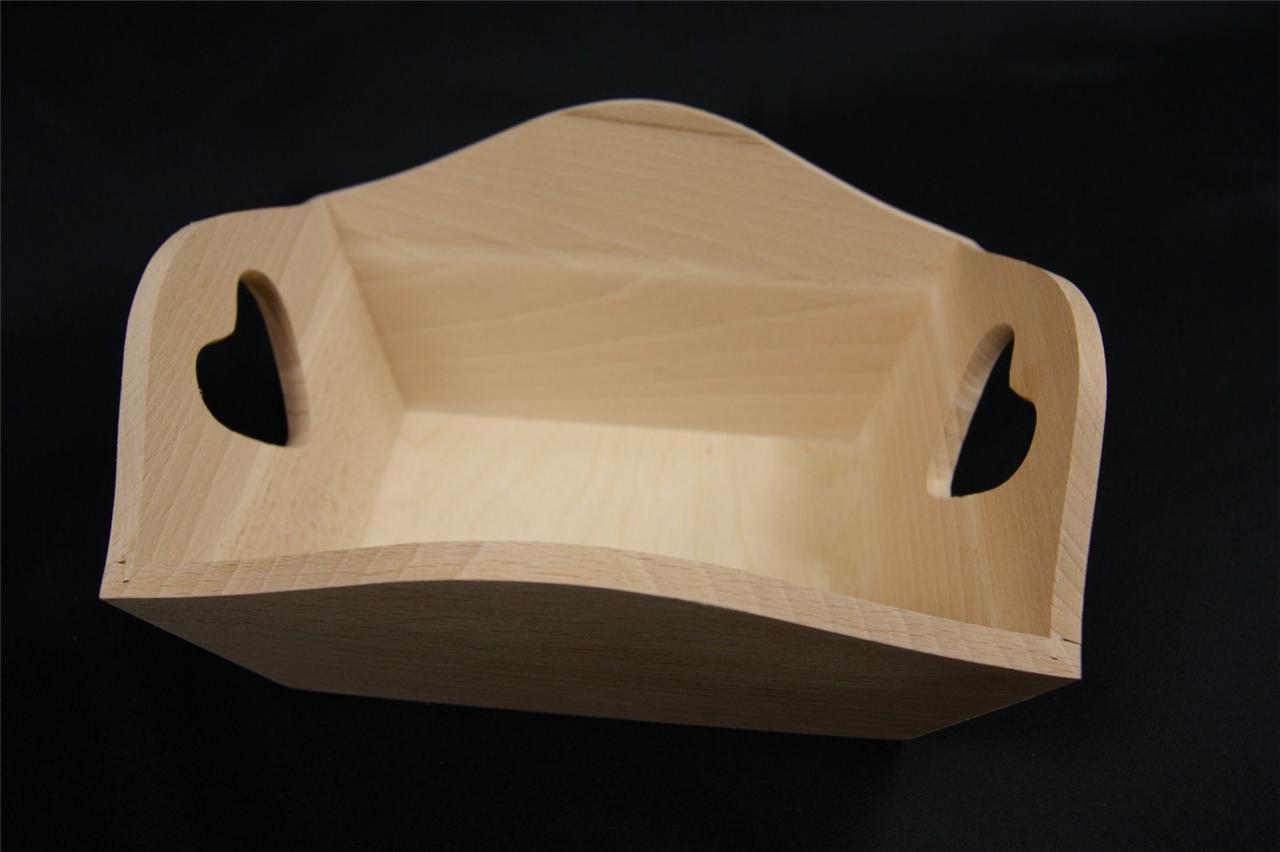 TSB WOODEN FRUIT TRAY WITH HEART HANDLES PLAIN WOOD DECOUPAGE JEWELLERY