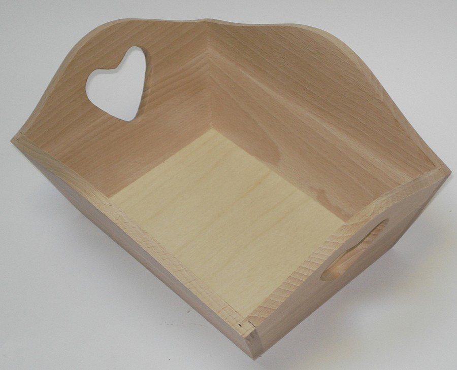 TSB WOODEN FRUIT TRAY WITH HEART HANDLES PLAIN WOOD DECOUPAGE JEWELLERY