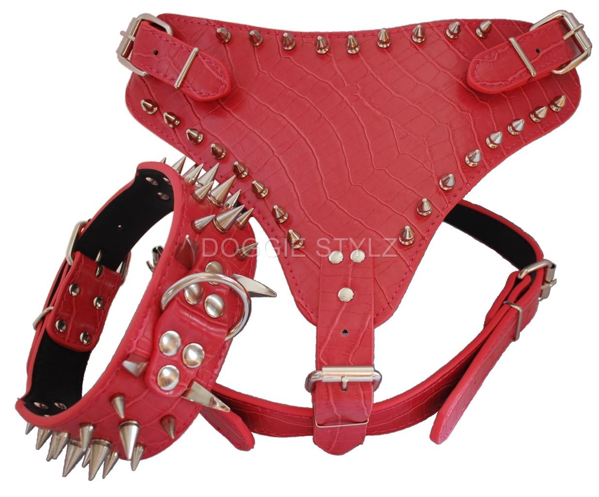 Black & Gold Leather Dog Harness & Collar SET spikes Pitbull Bully