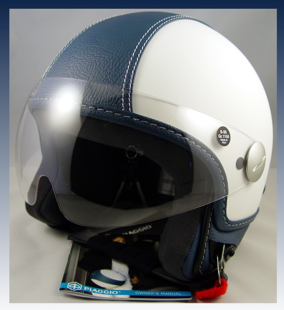 Vespa Piaggio Scooter White Copter Helmet Blue Leather DOT Approved NEW