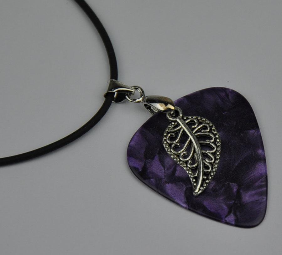 Guitar Pick Pendant Necklace Silver Leaf Black Cord