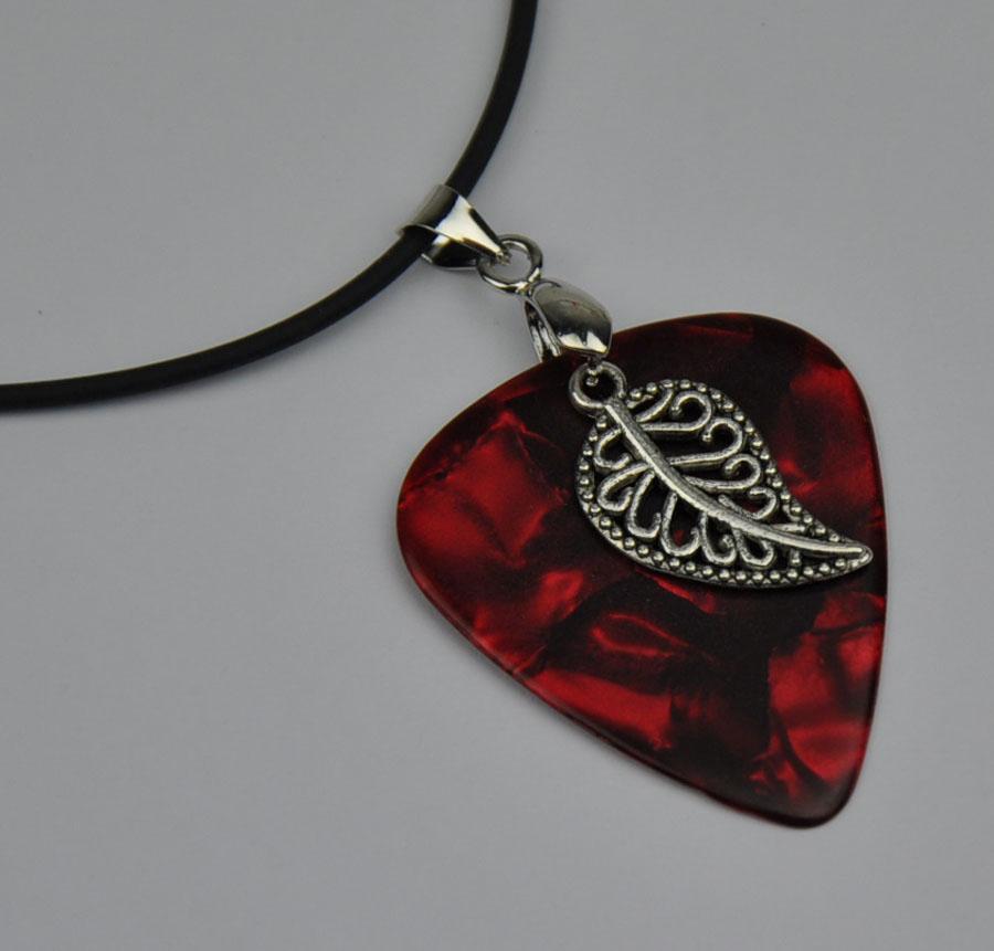 Guitar Pick Pendant Necklace Silver Leaf Black Cord