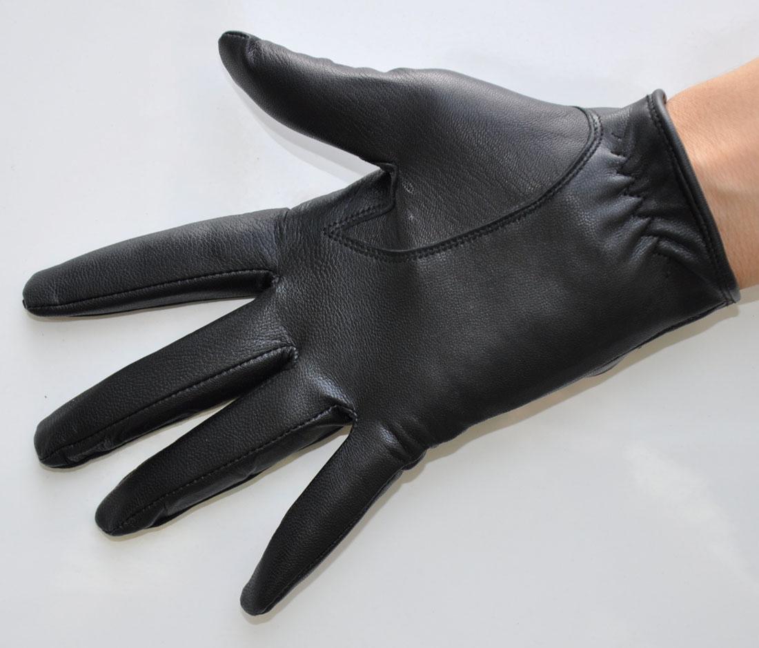 Women Genuine Goatskin Leather Wrist Gloves One Button with Hole Black