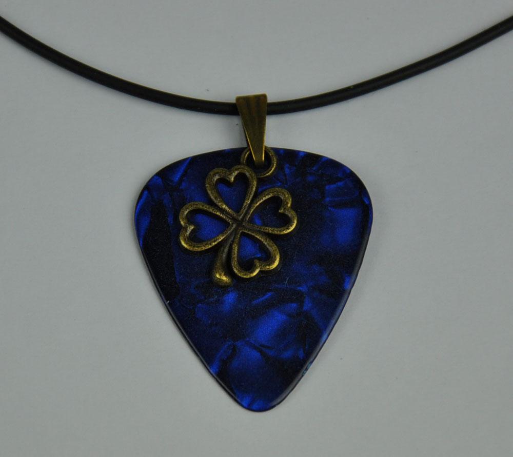 Medium Size Guitar Pick Necklace , Metal Fourleaf Clover Lucky Leather