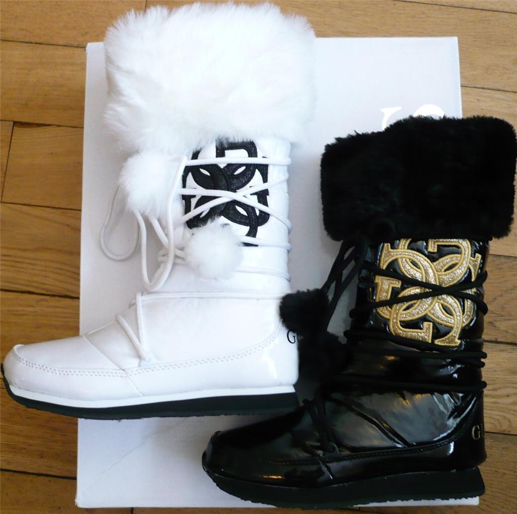 GUESS (US 3 4 5 6 7 8 9 10 11 12 13 1 2 3) WHITE / BLACK PATENT MOON BOOTS BNIB