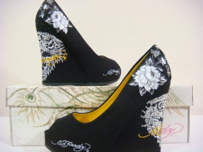 Negative Heel Shoes  Women on Hardy Women  Tiger  Rhinestones Black Heels Wedges Joyaus Shoes   Ebay