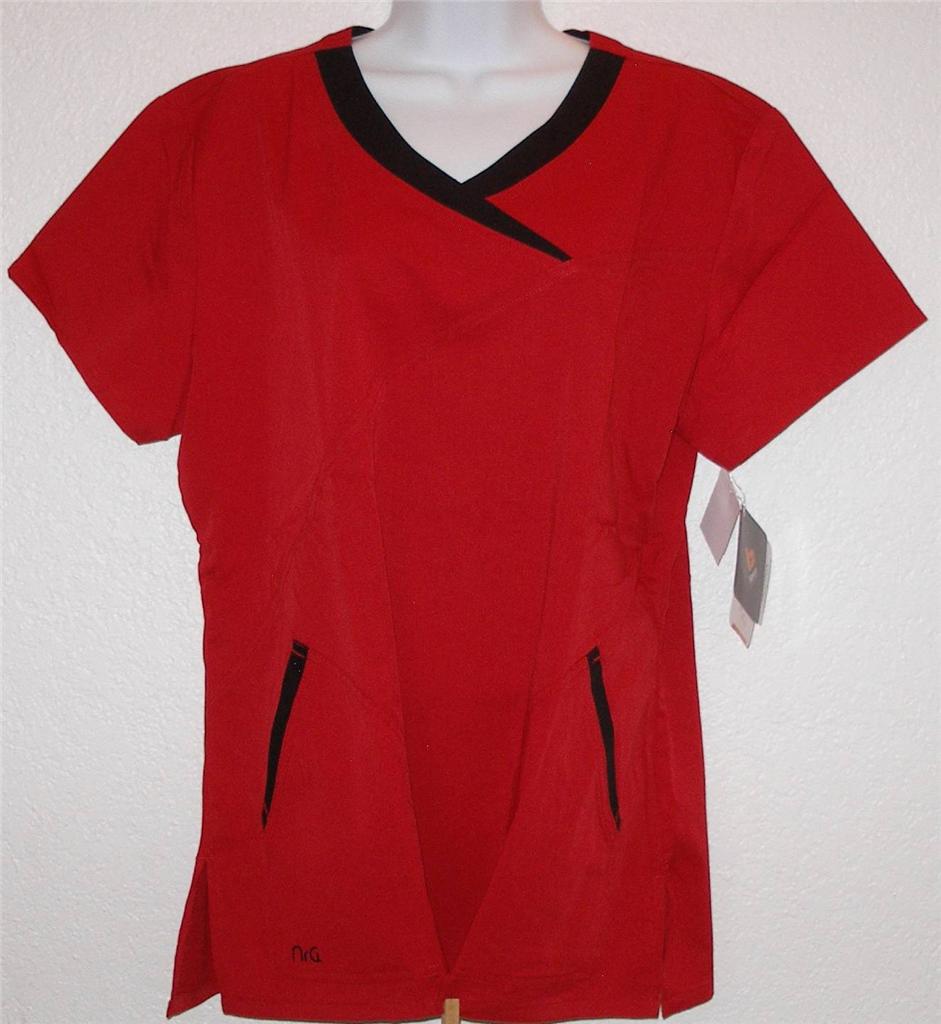 Barco NrG Stretch Scrub Top Hot Tamale Red with Black 2 Pkt Mock Wrap L