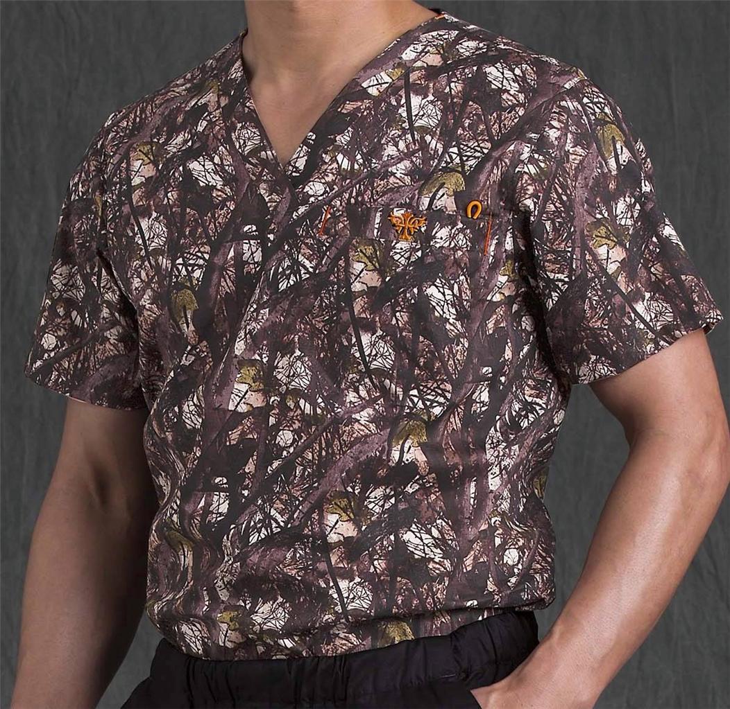 Med Couture Mens Scrub Top Shirt Natural Disguise Camo Camouflage XS S M L