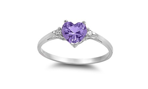 Sterling Silver Amethyst CZ Heart Ring Love Rhodium Finish Band Solid