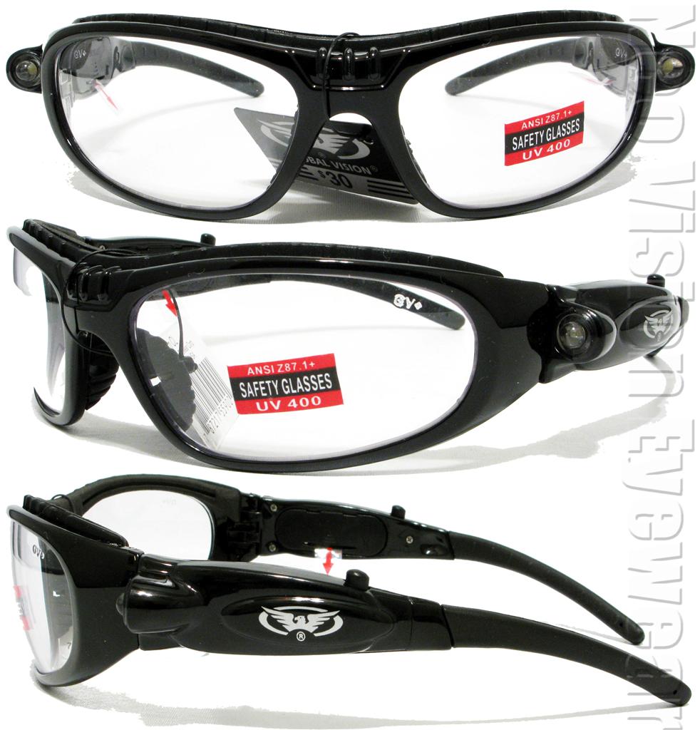 High Beam Clear Lens LED Temple Lights Flashlight Padded Safety Glasses
