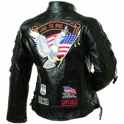 Ladies Leather Biker Motorcycle Harley Rider Chopper Jacket Eagle Patch