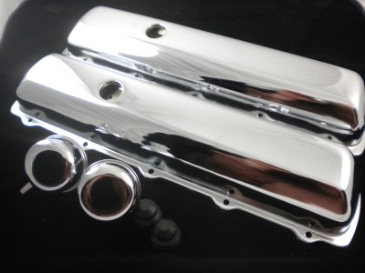 Oldsmobile 330. New steel chromed valve covers for a 1964-1988 Oldsmobile V8 330-455. The valve covers are baffled and come with the rubber grommets and the breathers.