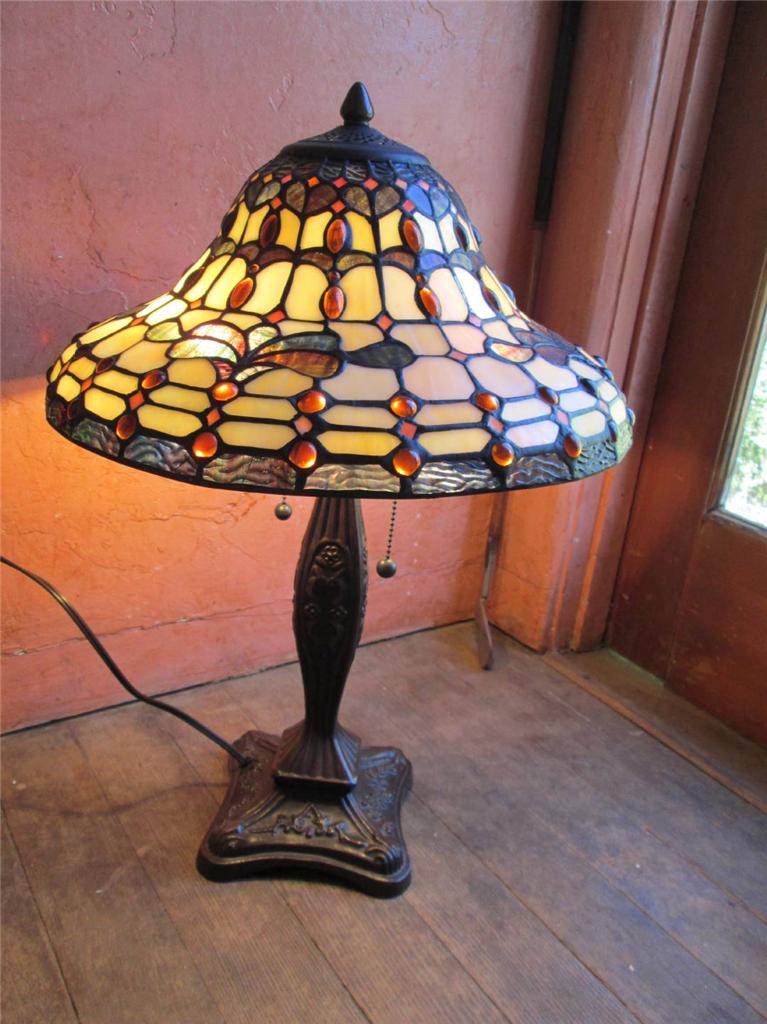 Leaded Stained Glass Lamp Shade Iridescent w jewels Nouveau