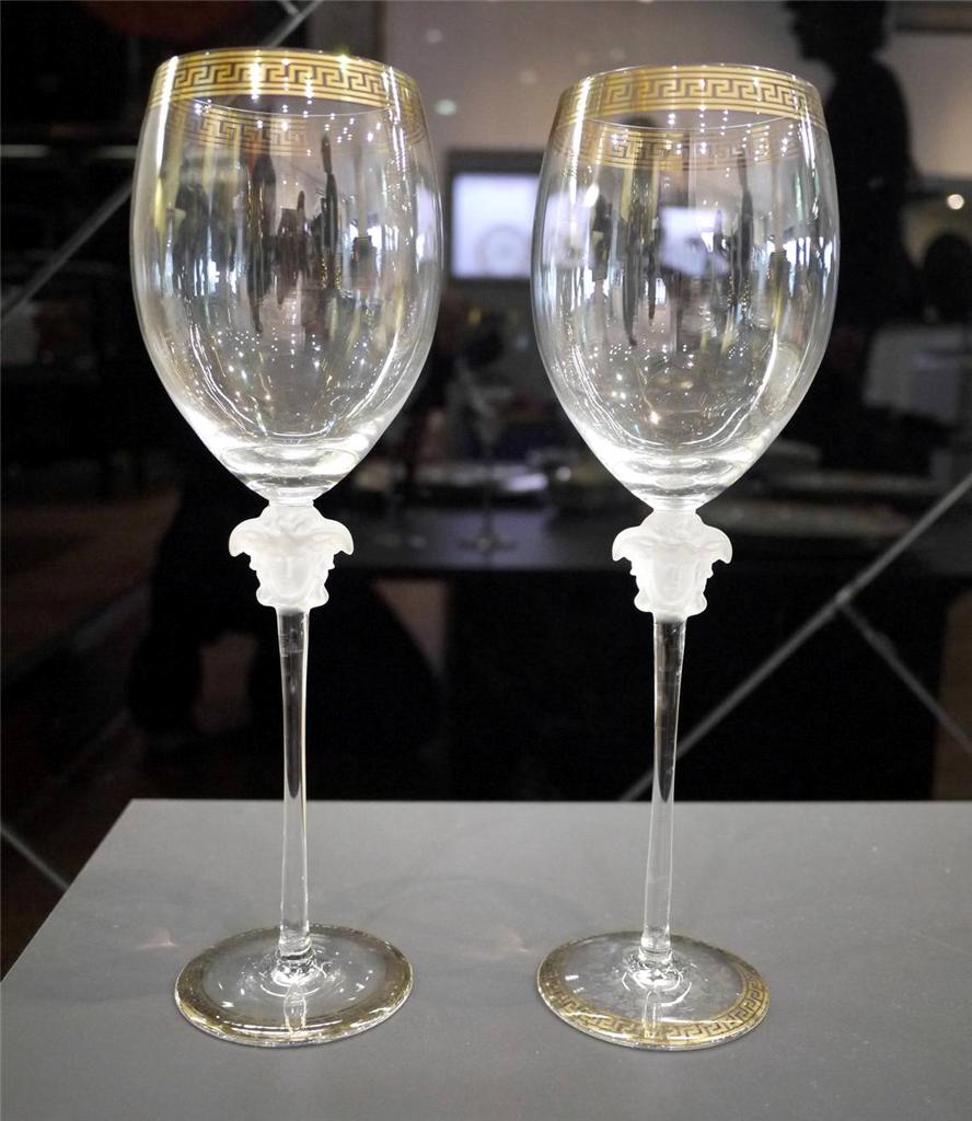 RRP 899 Pair Rosenthal Versace "Medusa D'OR" Crystal RED Wine Goblets
