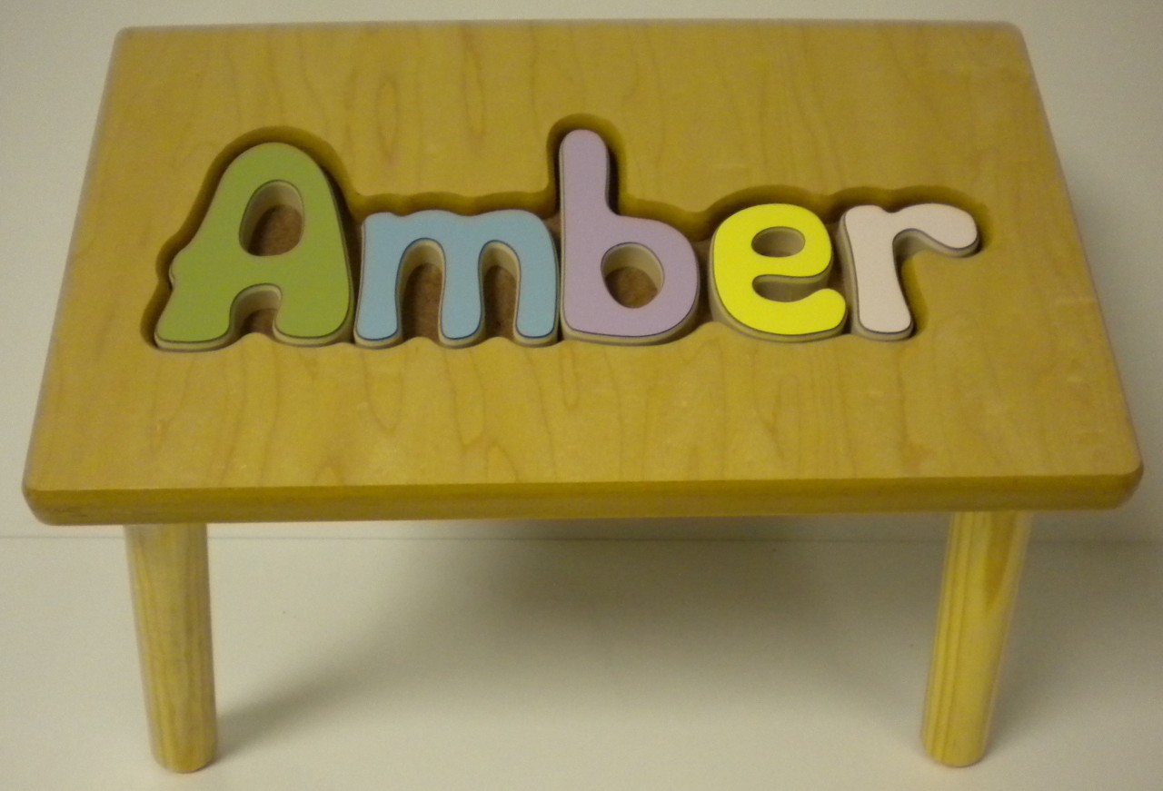 PERSONALIZED CHILD WOOD STOOL NAME PUZZLE PASTEL LONG
