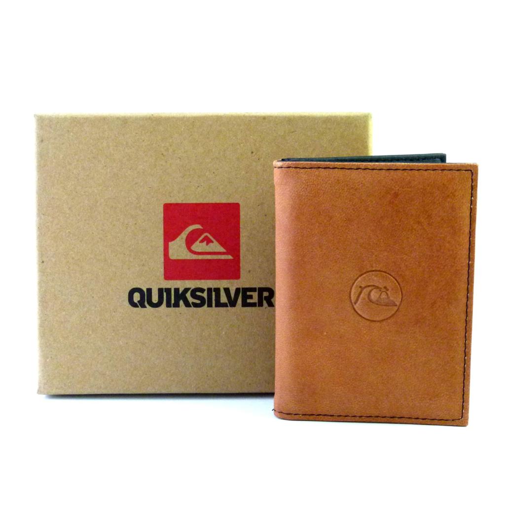 QUIKSILVER New In Box Mens Genuine Leather Slim Mini Wallet Black / Tan