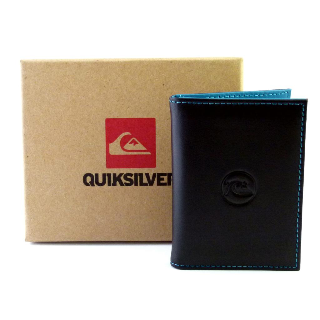 QUIKSILVER New In Box Mens Genuine Leather Slim Mini Wallet Black / Tan