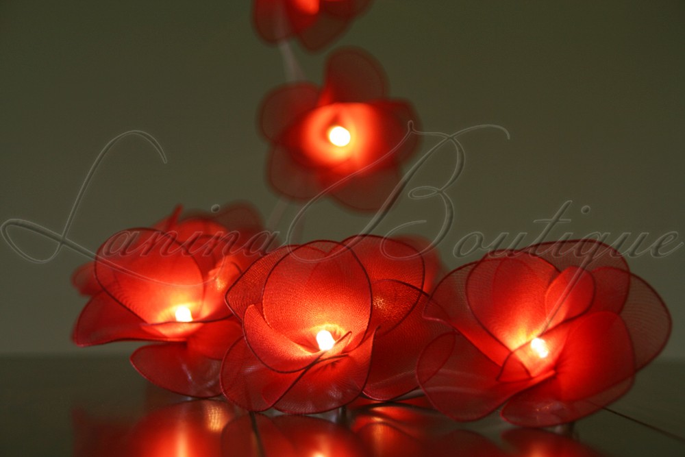 20 Red Nylon Rose Flower Battery Operated LED String Fairy Lights ...