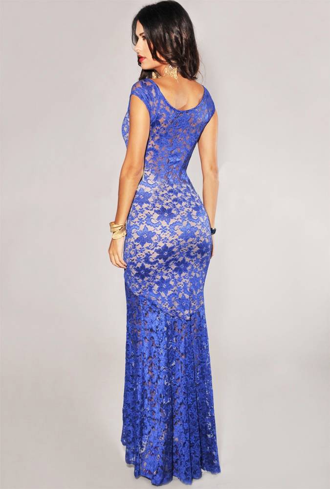 Elegant Blue Lace Nude Illusion Gown Evening Long Maxi Dress Sz Au