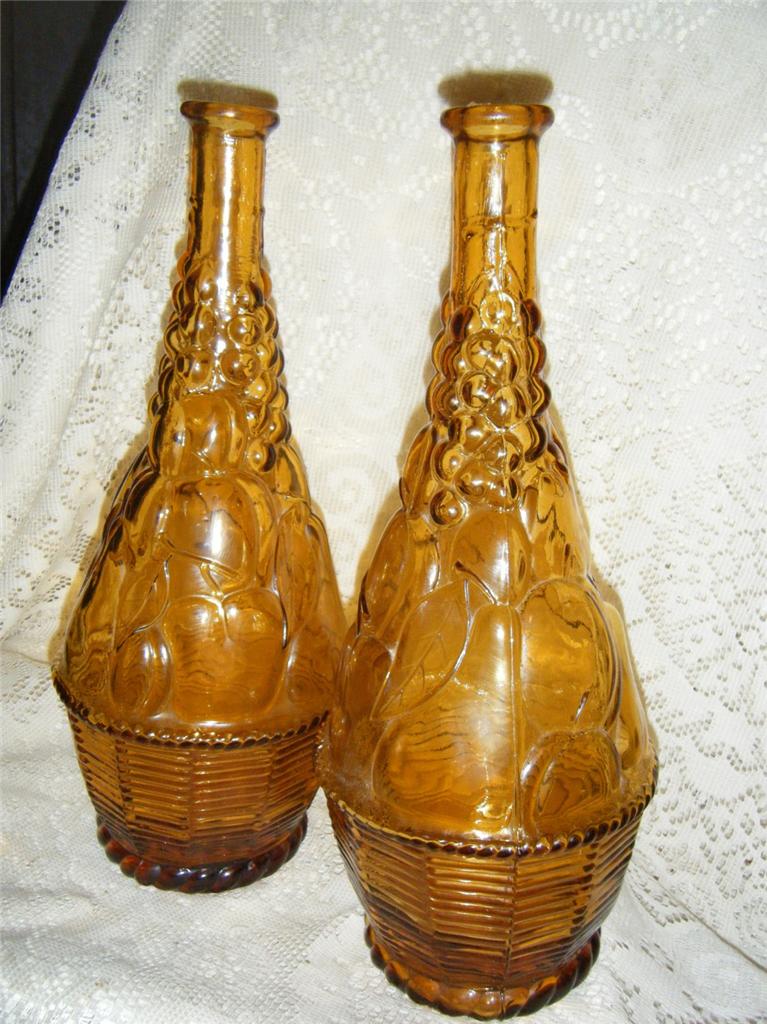 2 Vintage Tall Amber Italian Art Glass Fruit Basket Wine Bottles