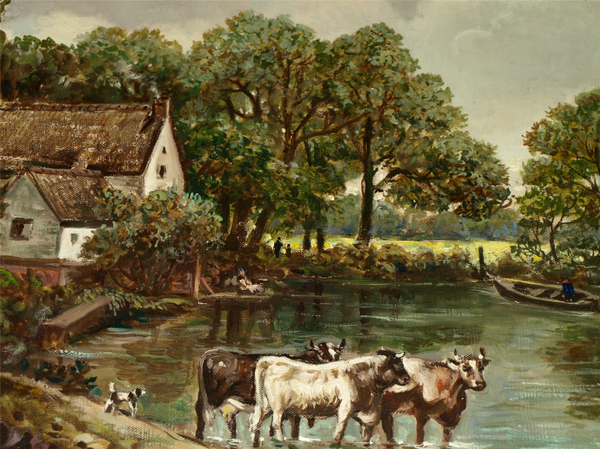LARGE OIL PAINTING BELGIAN/FLEMISH RURAL FARM SCENE WITH COWS eBay