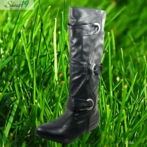 Sexy-Buckle-Straps-Knee-High-Slouch-Flat-with-Wedge-Heel-Black-PU-Boots-Shoes