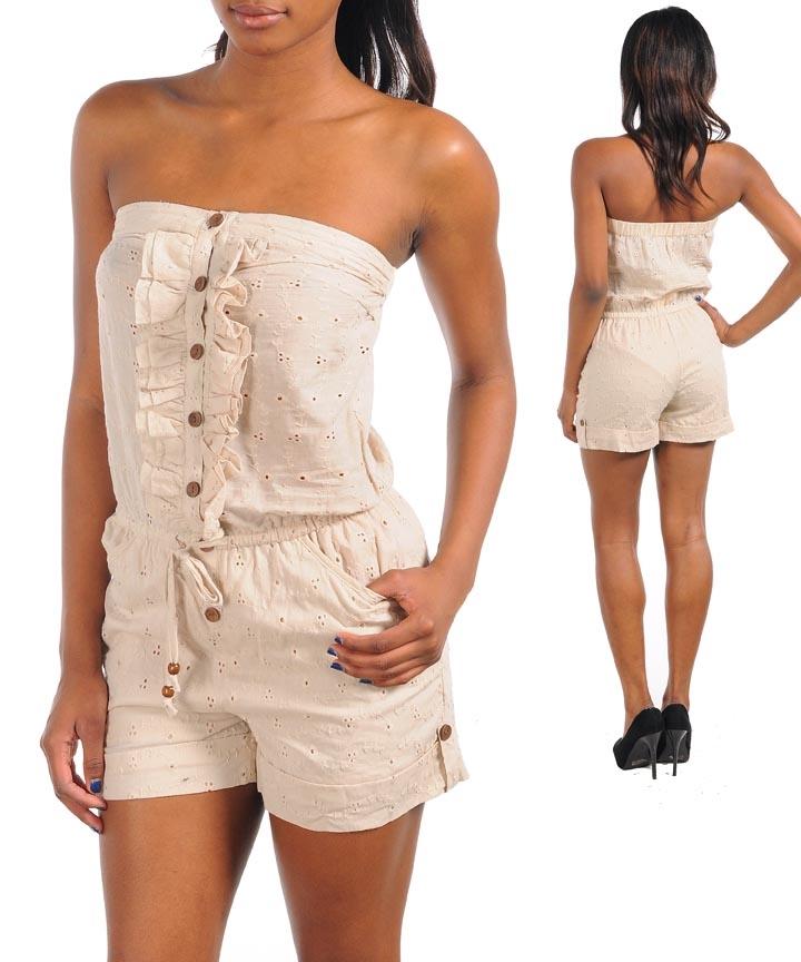 NWT ANNABELLE tan khaki eyelet strapless tube top romper shorts S 4 5 M