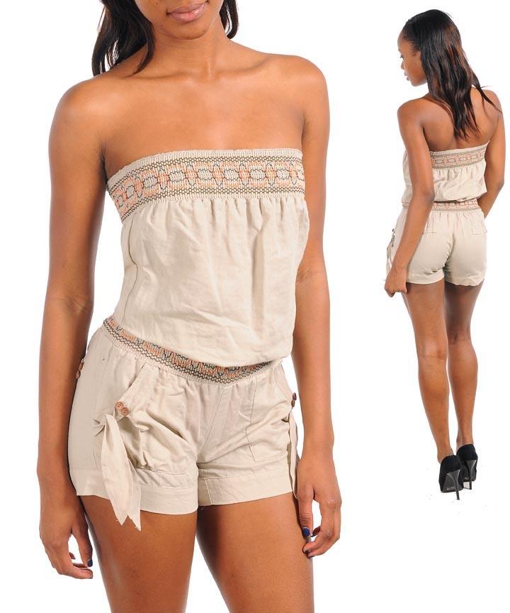 NWT ANNABELLE tan khaki embroidered strapless tube top romper shorts S