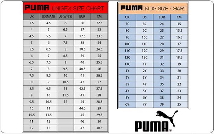 puma slippers size chart