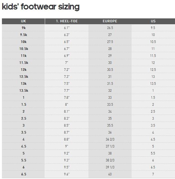 adidas size chart shoes kid