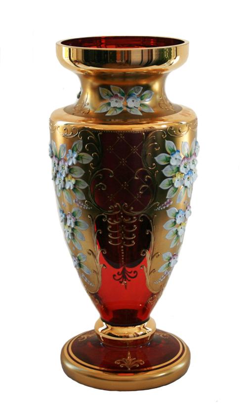 Czech Bohemian Vintage Antique Hand Blown Painted Cranberry Glass Vase