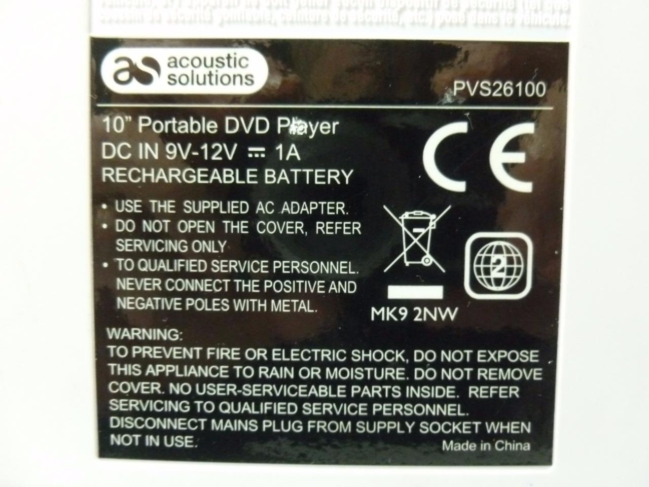 ACOUSTIC SOLUTIONS PVS26100 Portable DVD Player 10" inch screen As Is - Picture 6 of 8