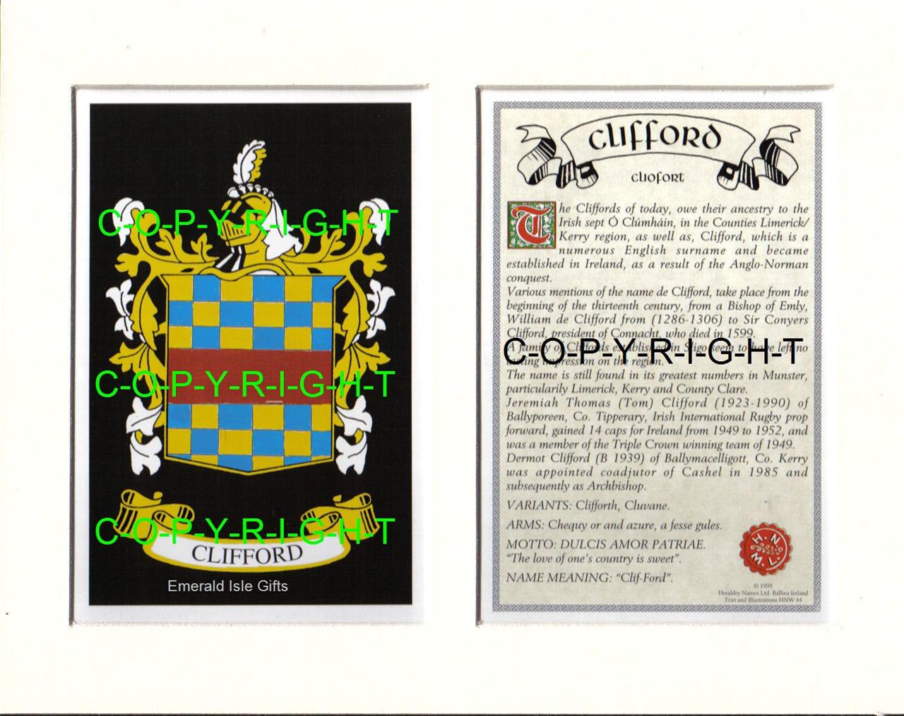 CLIFFORD Family Coat of Arms Crest + History Available Mounted or