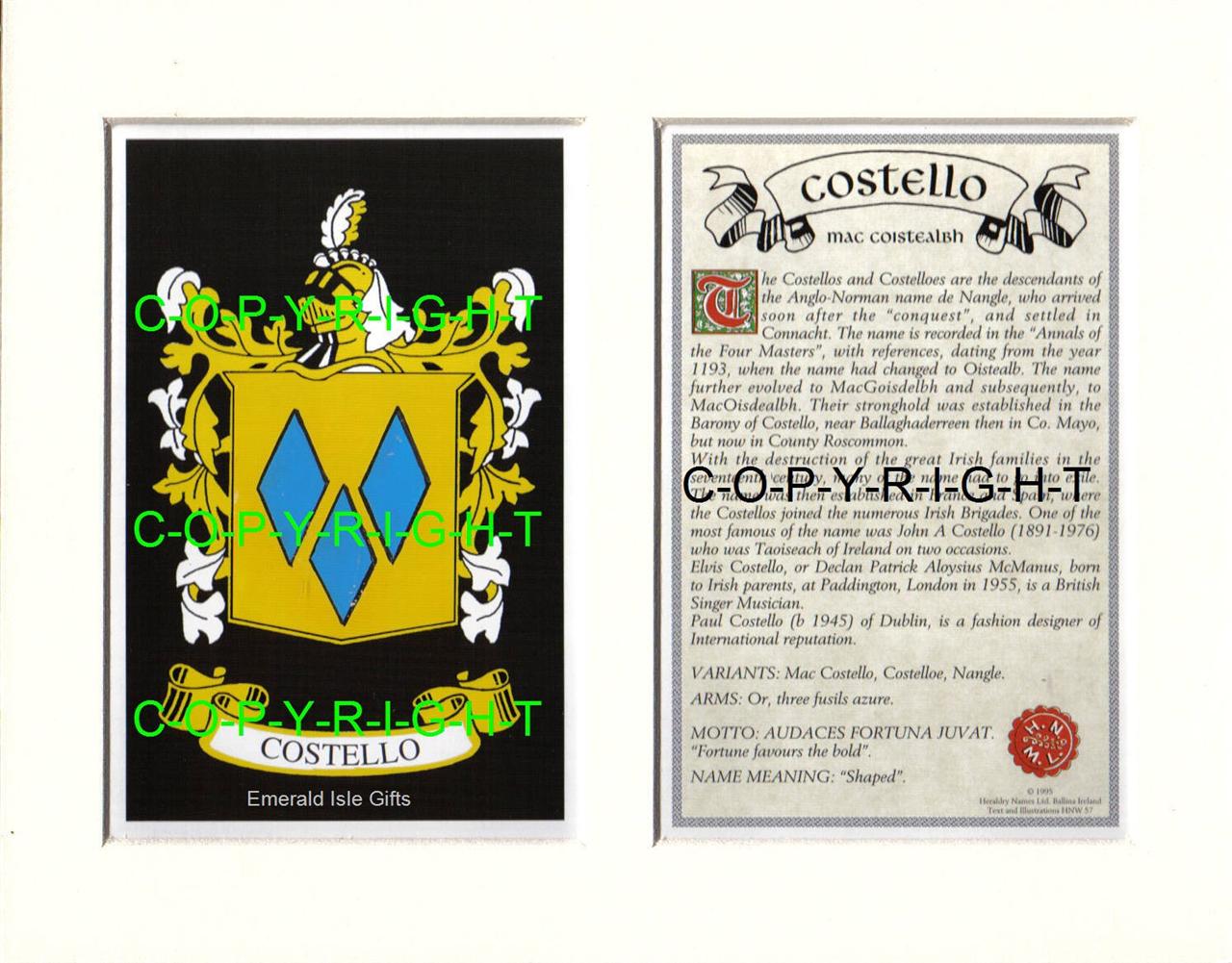 COSTELLO Family Coat of Arms Crest + History Available Mounted or